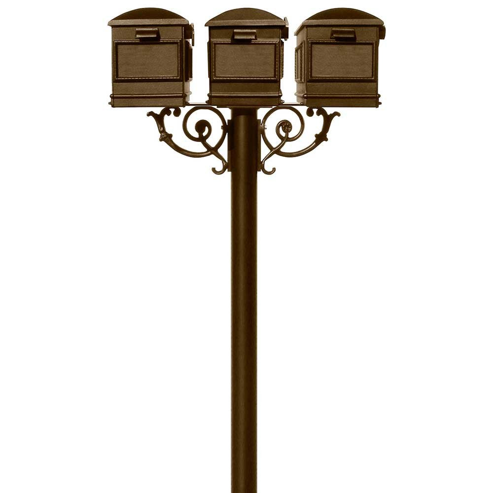 The Hanford TRIPLE Lewiston mailbox post system w/Scroll Supports, Bronze - HPWS3-000-LM-BRZ