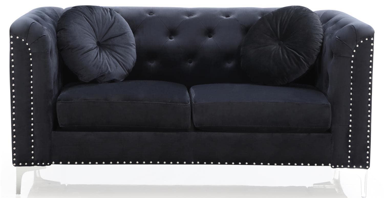 Pompano 62 in. Black Tufted Velvet 2-Seater Sofa with 2-Throw Pillow