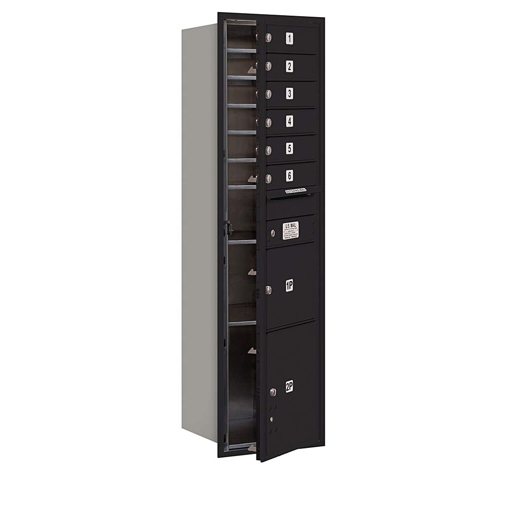 Maximum Height Recessed Mounted 4C Horizontal Mailbox with 6 Doors and 2 Parcel Lockers in Black with USPS Access - Front Loading