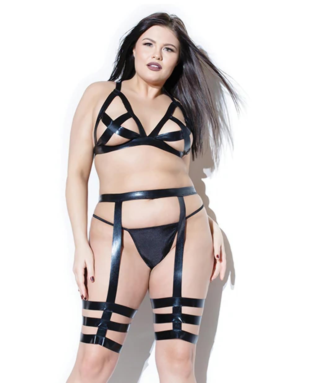 Coquette Wet Look Cross Triangle Top With Leg Harness Set
