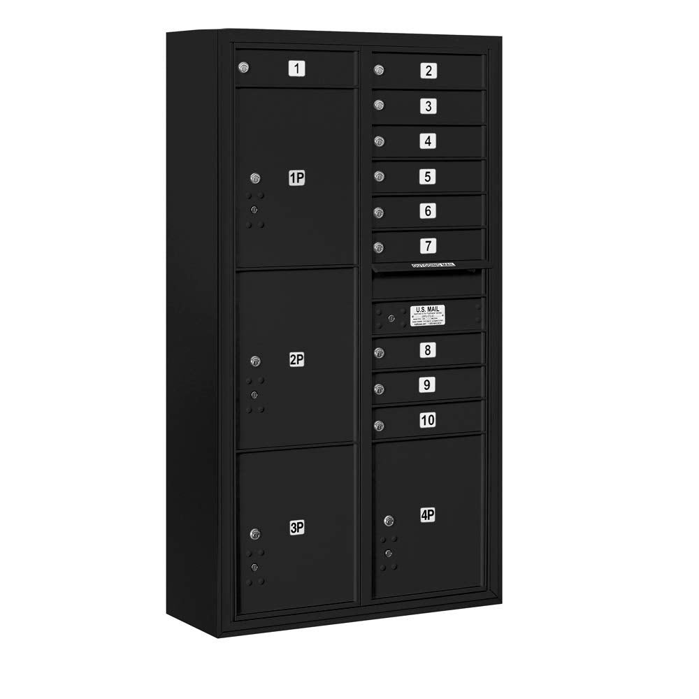 Maximum Height Surface Mounted 4C Horizontal Mailbox with 10 Doors and 4 Parcel Lockers in Black with USPS Access