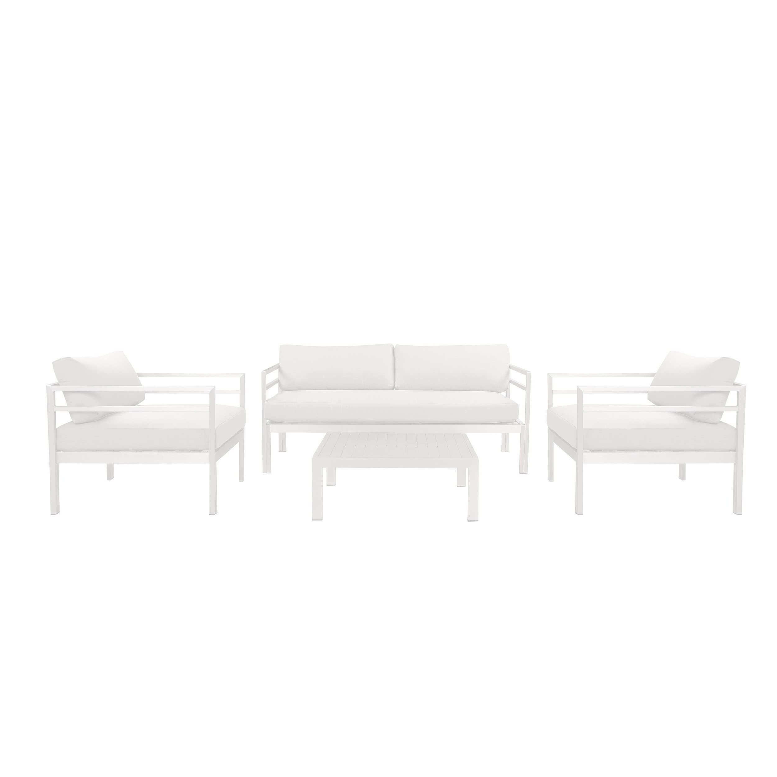 Billy 4 Piece Outdoor Sofa Set, Classic White Aluminum, Fabric Cushions