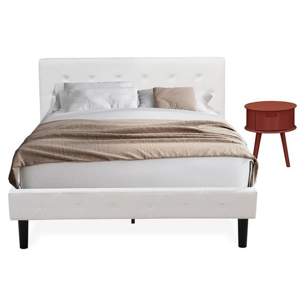 NL19Q-1GO13 2 Piece Bed Set - Button Tufted Queen Size Bed frame - White Velvet Fabric Upholstered Headboard and a Burgundy Finish Nightstand