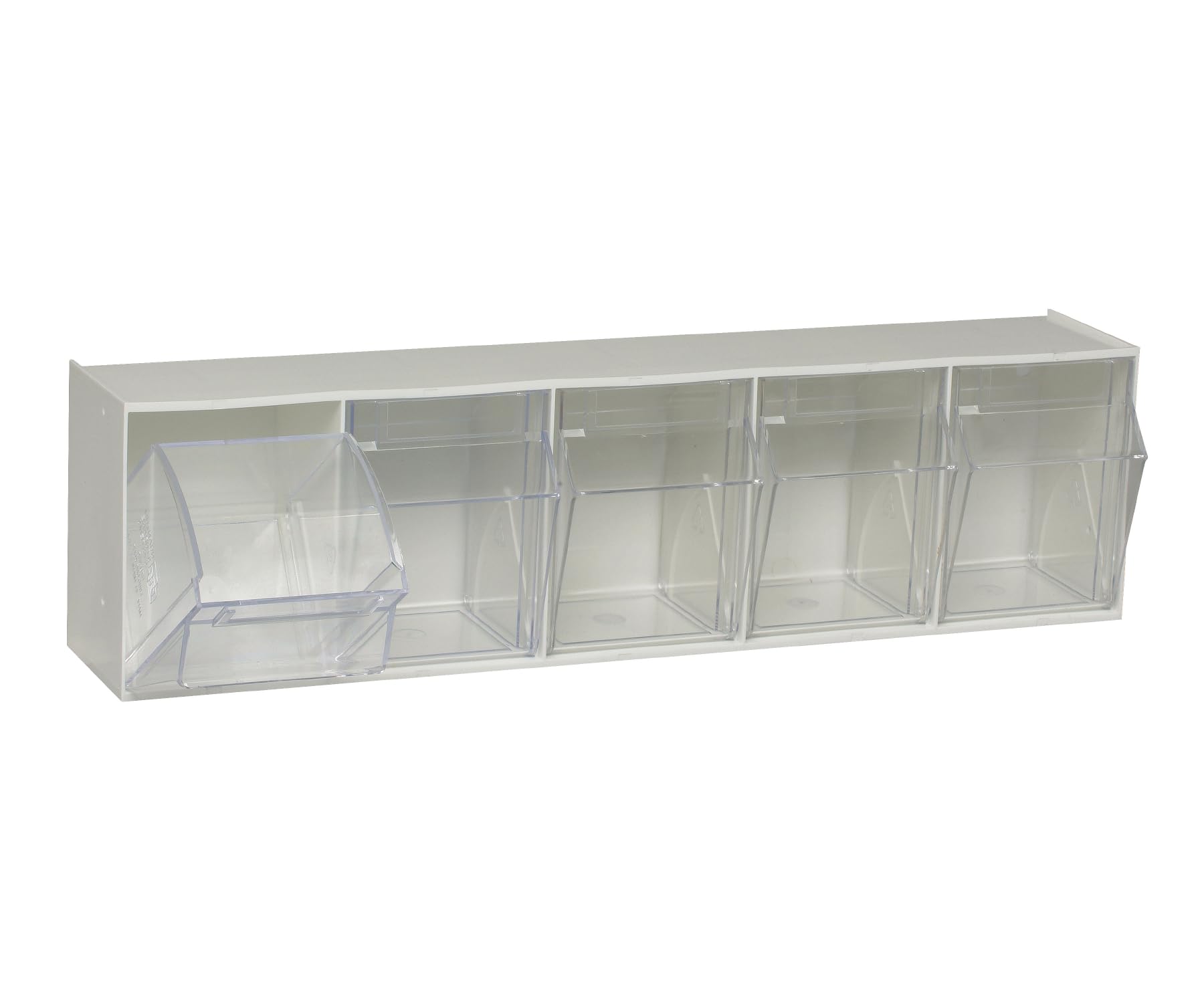 Tip Out Bin, (5) compartment, handle with label slot, opens to a 45 angle, plastic clear container, polystyrene white cabinet, Made in USA