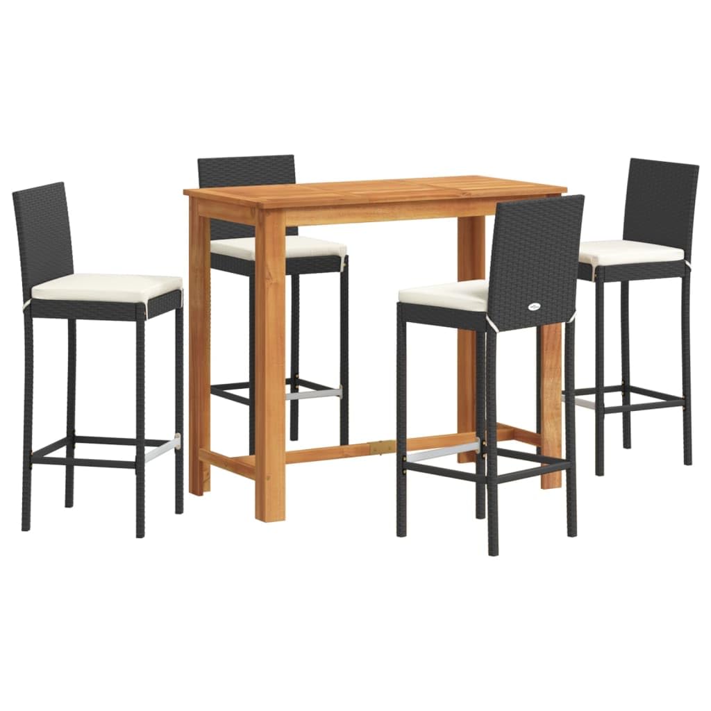 Vidaxl 5Pc Patio Bar Set - Black Pe Rattan & Solid Acacia Wood Table, Cream Cushions, Stools With Footrest For Outdoor/Garden, 3295278