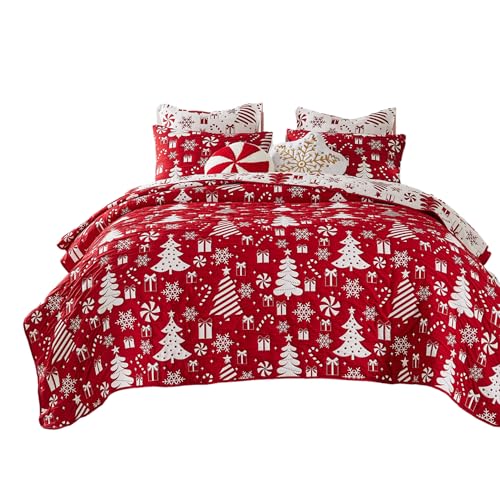 Daru 3 Piece King Quilt Set, Red and White Polyester, Christmas Theme