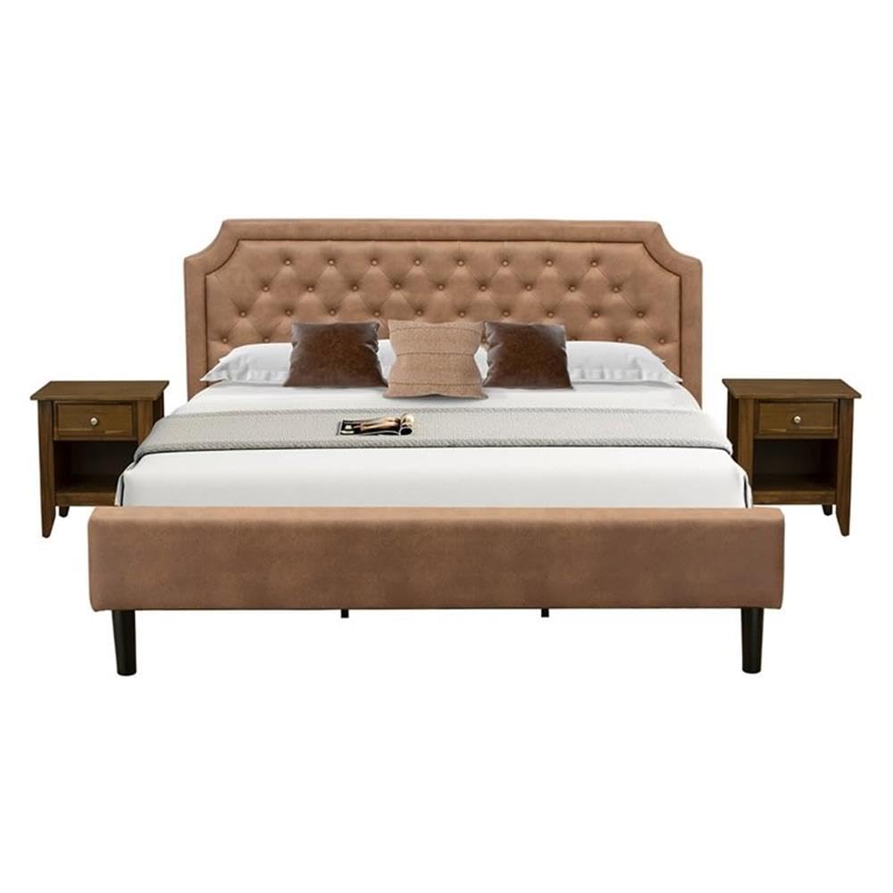 GB28K-2GA08 3-Piece Granbury Wooden Set for Bedroom with Button Tufted Bed Frame and 2 Antique Walnut Bedroom Nightstands - Brown Faux Leather with Brown Texture and Black Legs