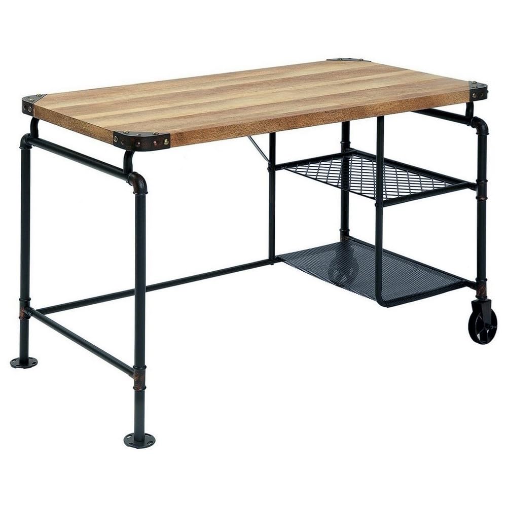 47 Inch Writing Desk, Industrial Caster Wheel, Black Metal, Brown Wood