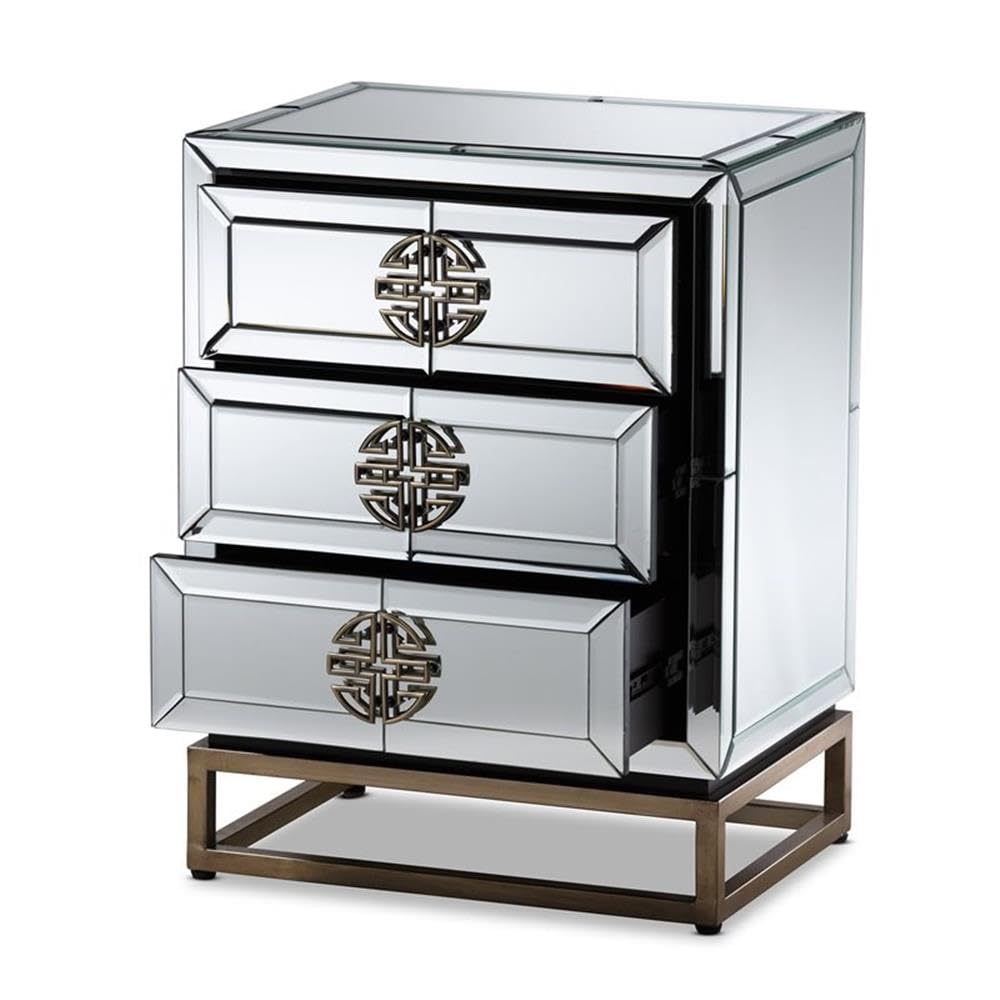 Baxton Studio Laken Contemporary Glam And Luxe Mirrored And Antique Bronze Finished 3-Drawer Nightstand