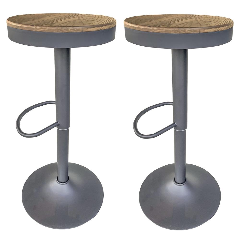 AmeriHome Round Adjustable Height Bar Stools with Wood Seat  Natural Stain