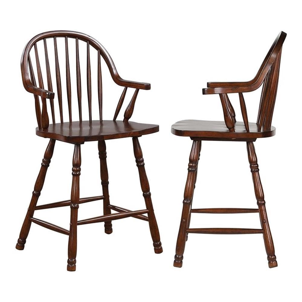 Sunset Trading Andrews 24 Windsor Barstool with Arms | Counter Height Stool | Distressed Chestnut Brown | Set of 2"