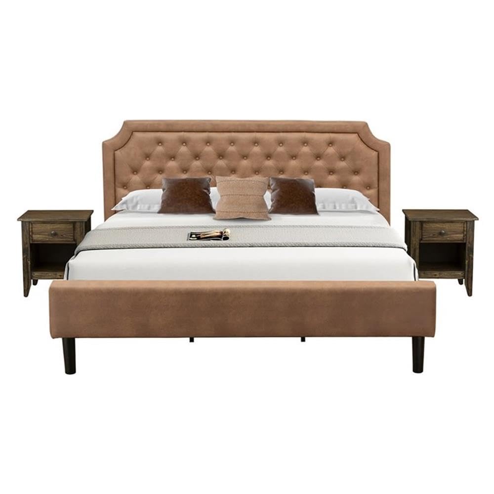 GB28K-2GA07 3-Piece Platform Bed Set with Button Tufted Modern Bed and 2 Distressed Jacobean End Tables - Brown Faux Leather with Brown Texture and Black Legs