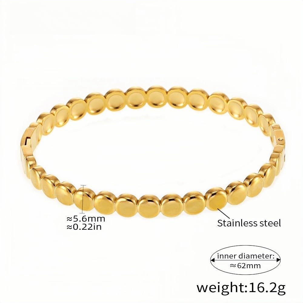 Elegant Gold-Tone Stainless Steel Beaded Bracelet  5.6mm Width, 62mm Inner Diameter