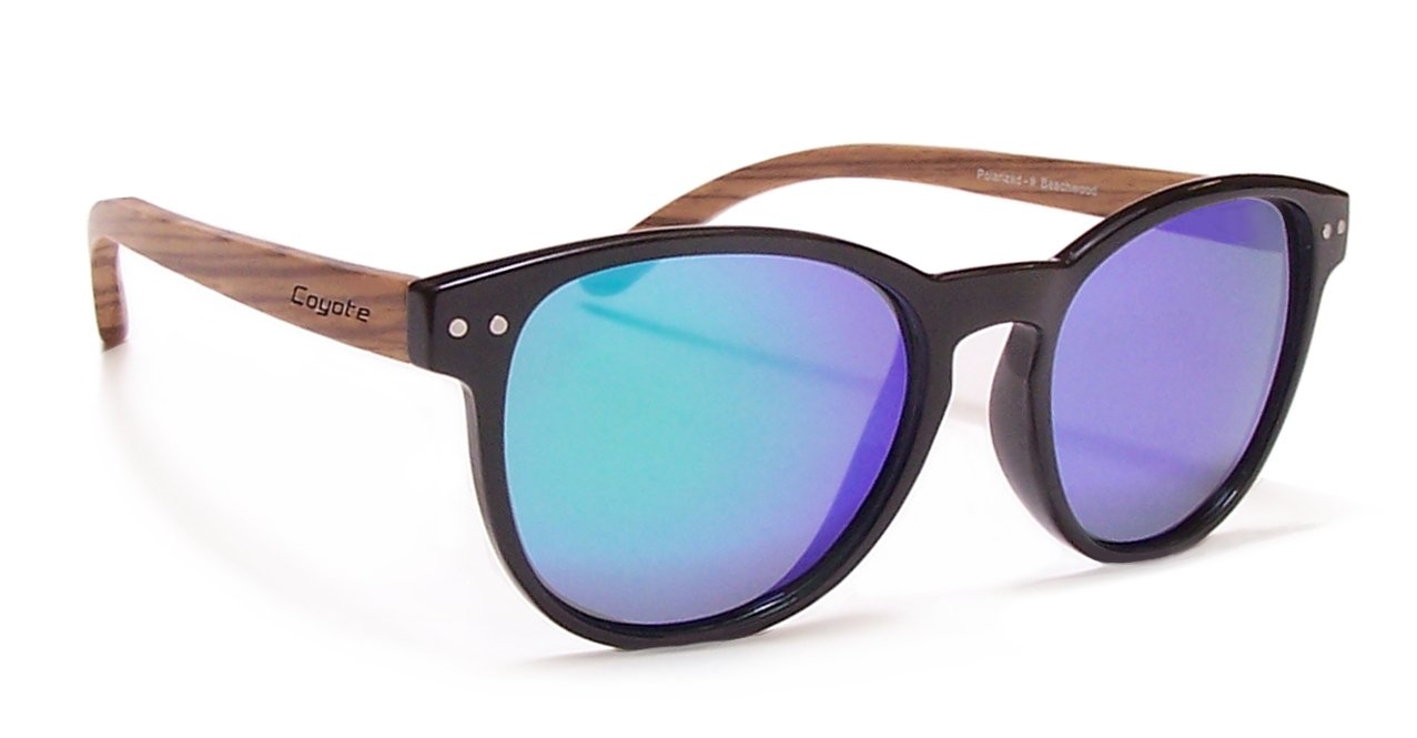 Nylon front with natural Walnut temples - Beachwood blk/zebrawood/blue mirror