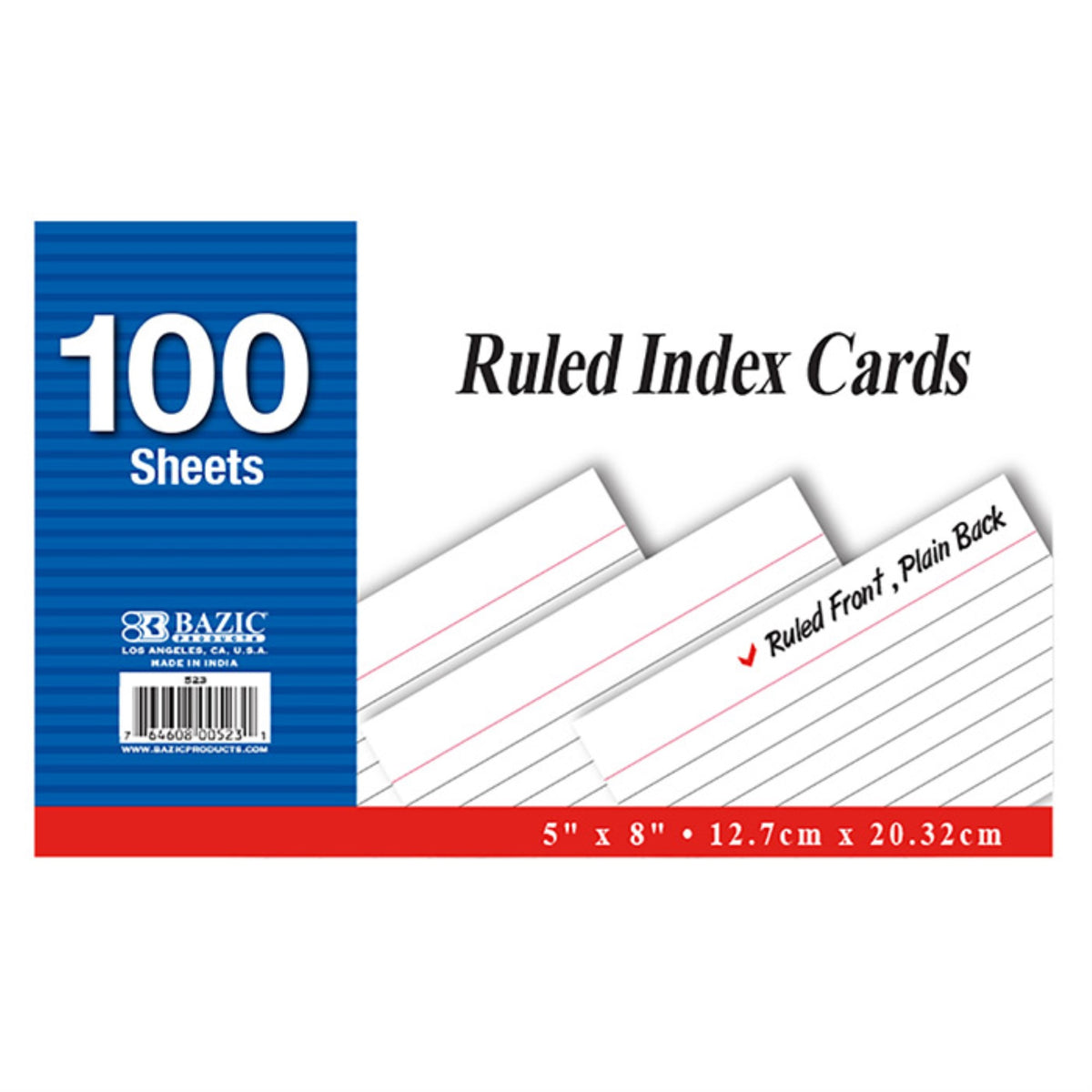 Bazic 100 Ct. 5' X 8' Ruled White Index Card