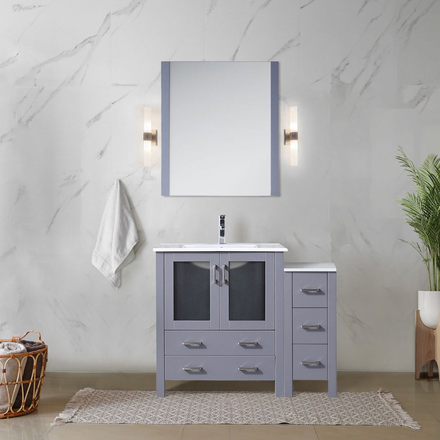 Dark Grey Bath Vanity 42 in. W x 18.25 in. D, with Side Cabinet, White Ceramic Top, and 28 in. Mirror