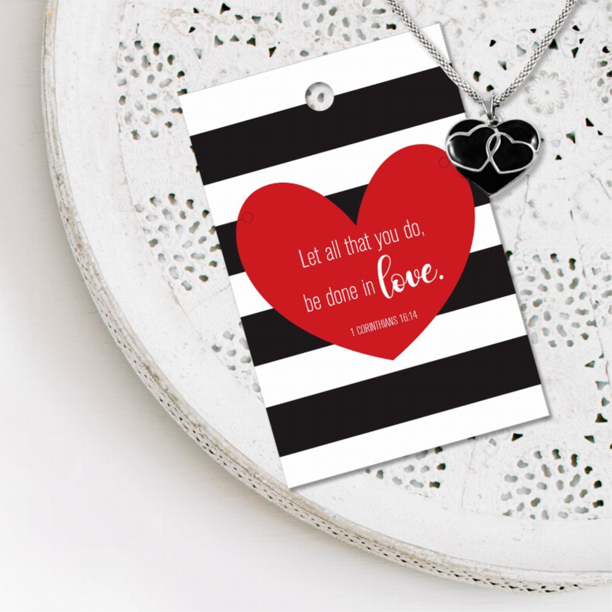 Black And Silver Heart Necklace - Let All That You Do, Be Done In Love. 1 Corinthians 16:14 - Black And Silver Enamel Necklace