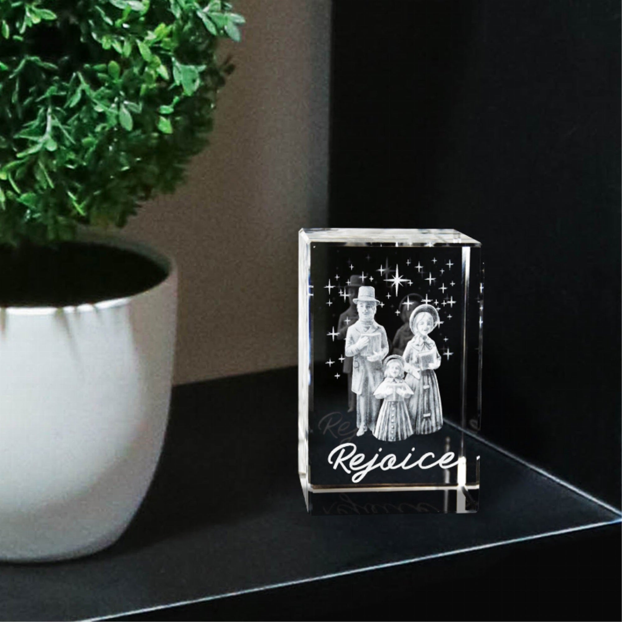 Rejoice Christmas Carolers Laser-Engraved Crystal Cube