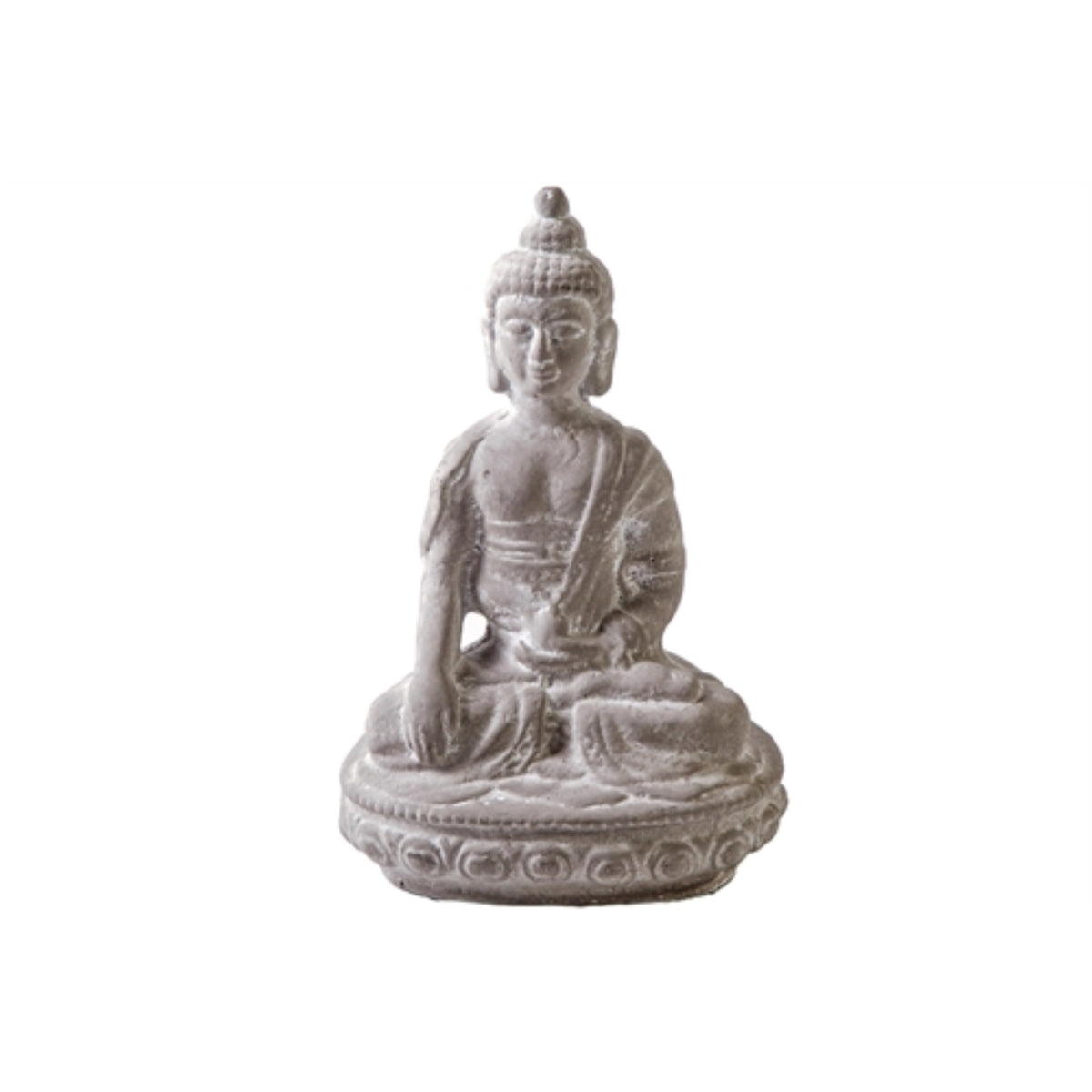 Cement Meditating Buddha In Bhumisparsha Mudra Posiiton On Base Concrete Finish Gray