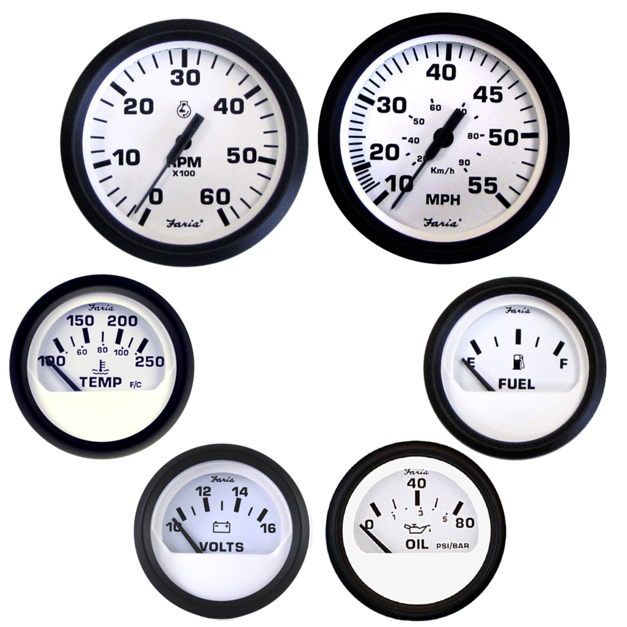 Faria Euro White Box Set Inboard Speedo Tach Fuel Volts