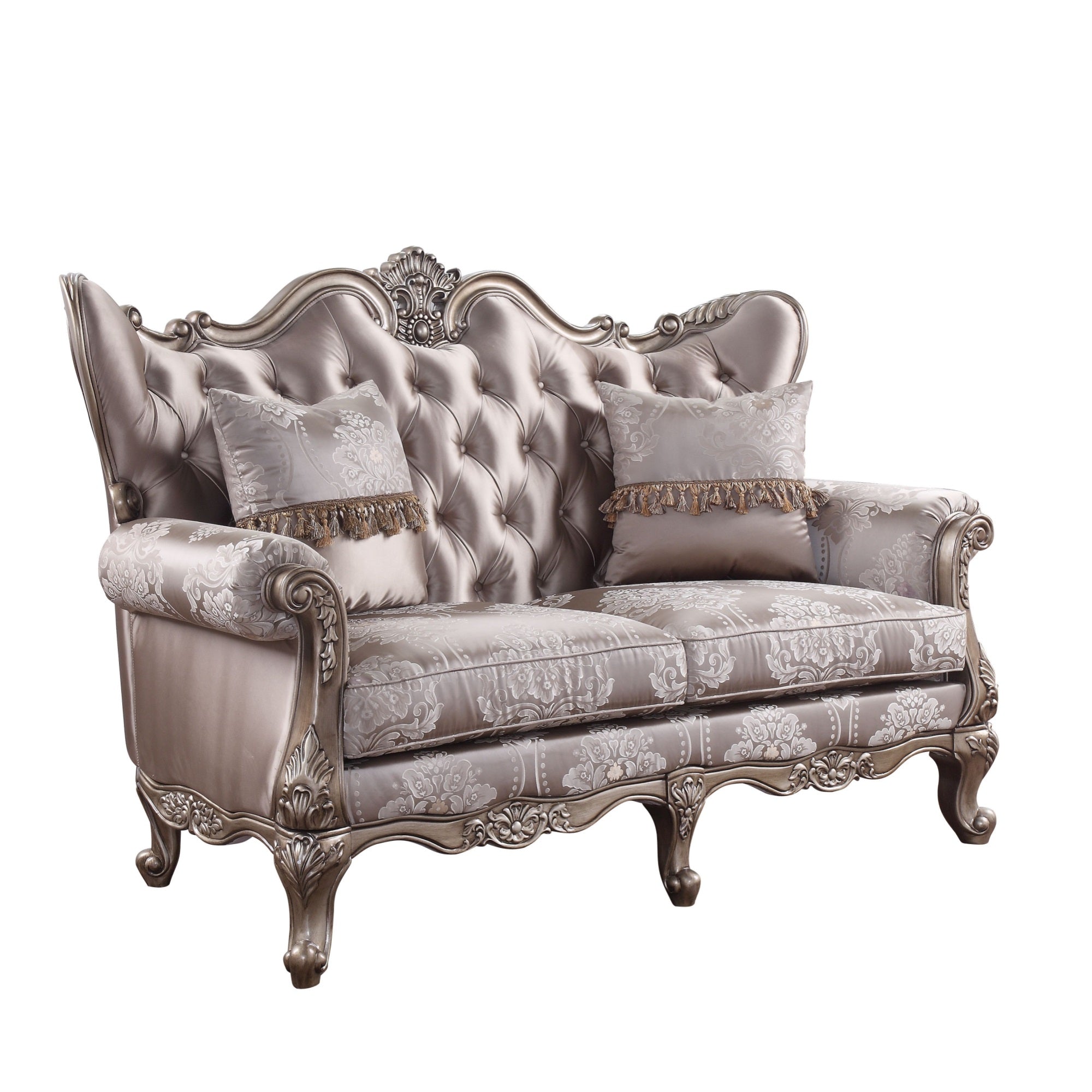 Yardlio Loveseat w/2 Pillows, Fabric & Champagne, Button-Tufted Wingback Backrest, Floral Patterned Armrest & Seat Cushion, Wooden Frame, Rolled Armrest, Queen Anne Leg & Frame Base