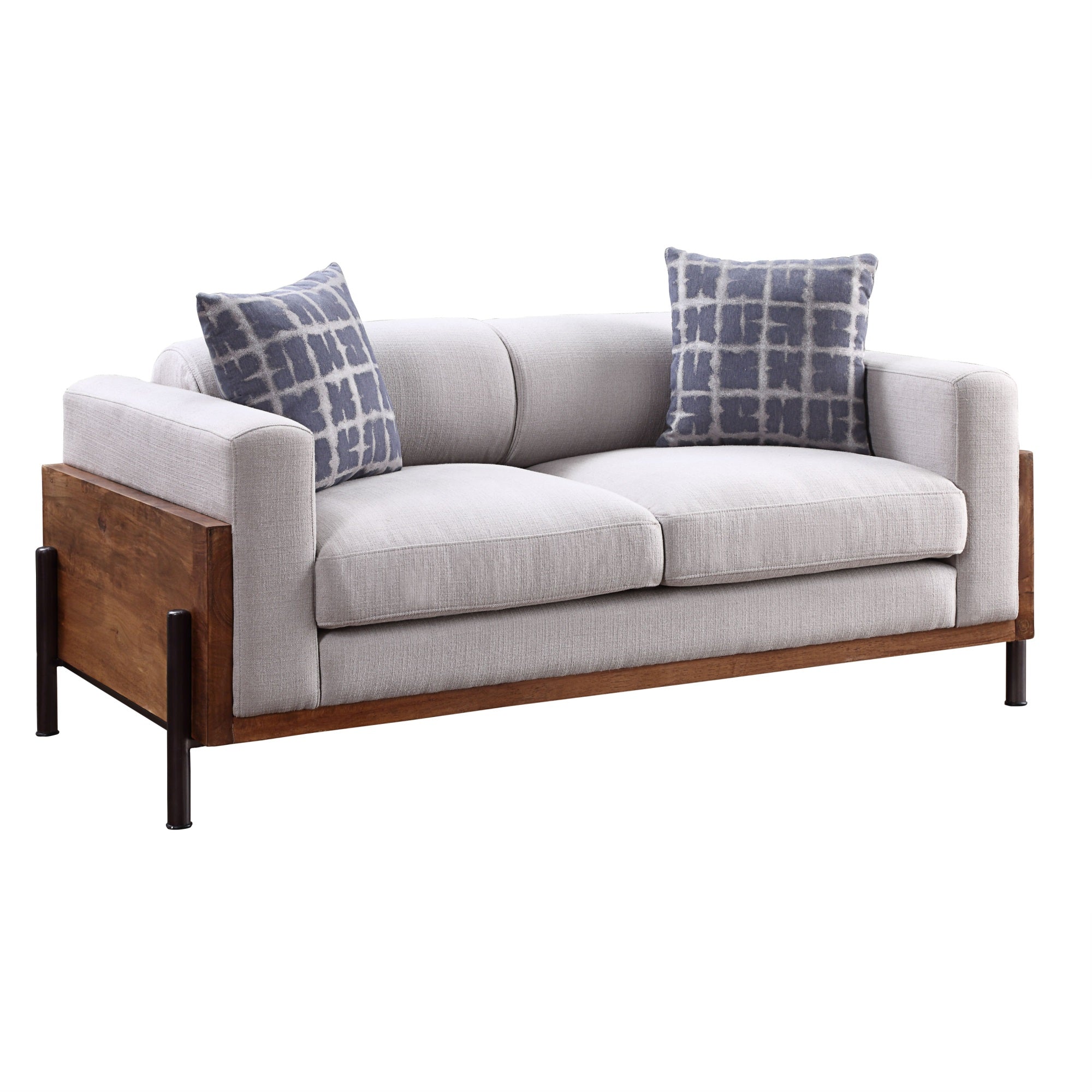 Yadlio Loveseat w/Pillows, Fabric & Walnut, Comfortable Seats, Metal Legs - On-Trend Loft Style - Pelton Collection