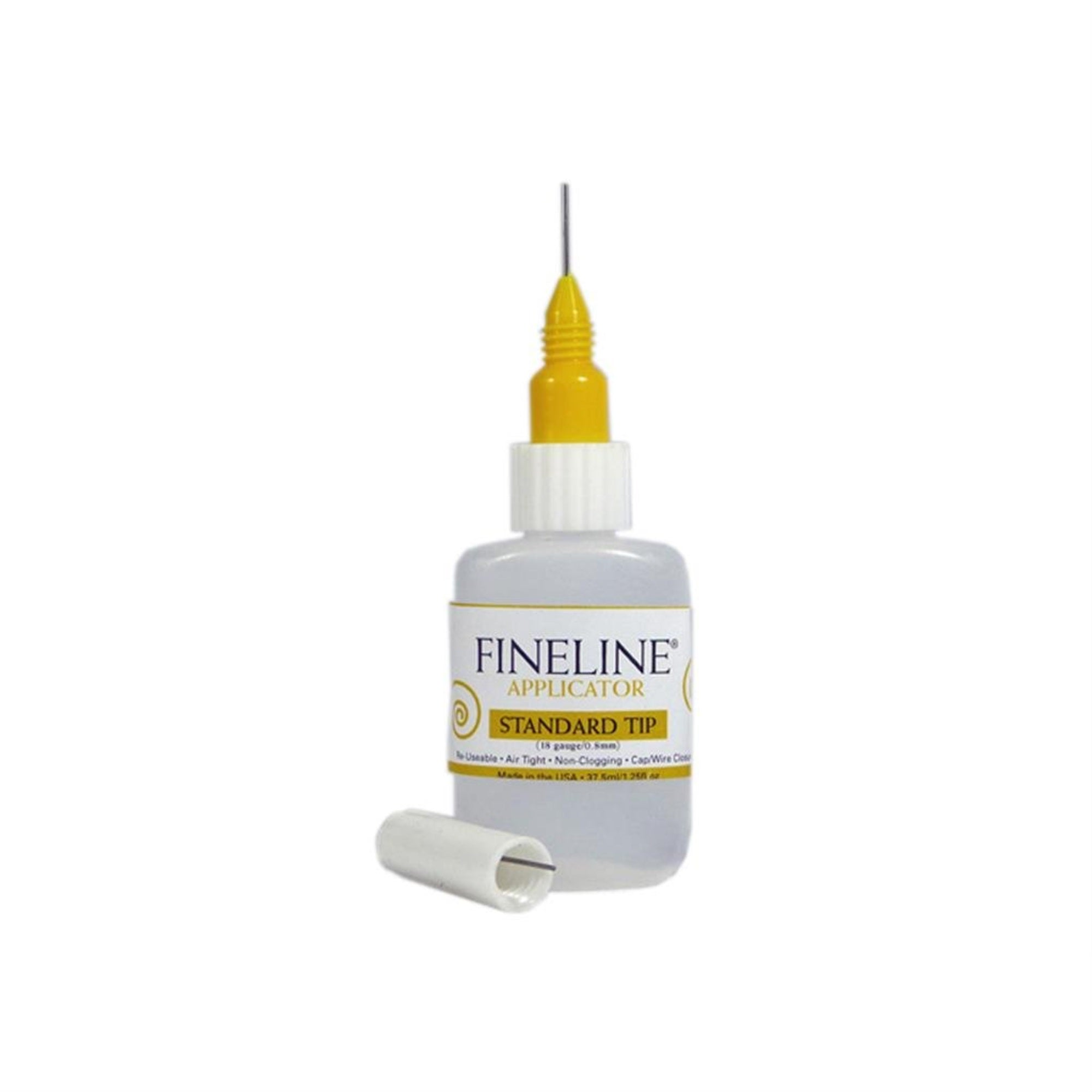 Fineline Applicator Single Pack. 18g Tip with 1.25 oz Bottle. Packaged in Hanging Zip Lock Poly Bag with Color Insert.