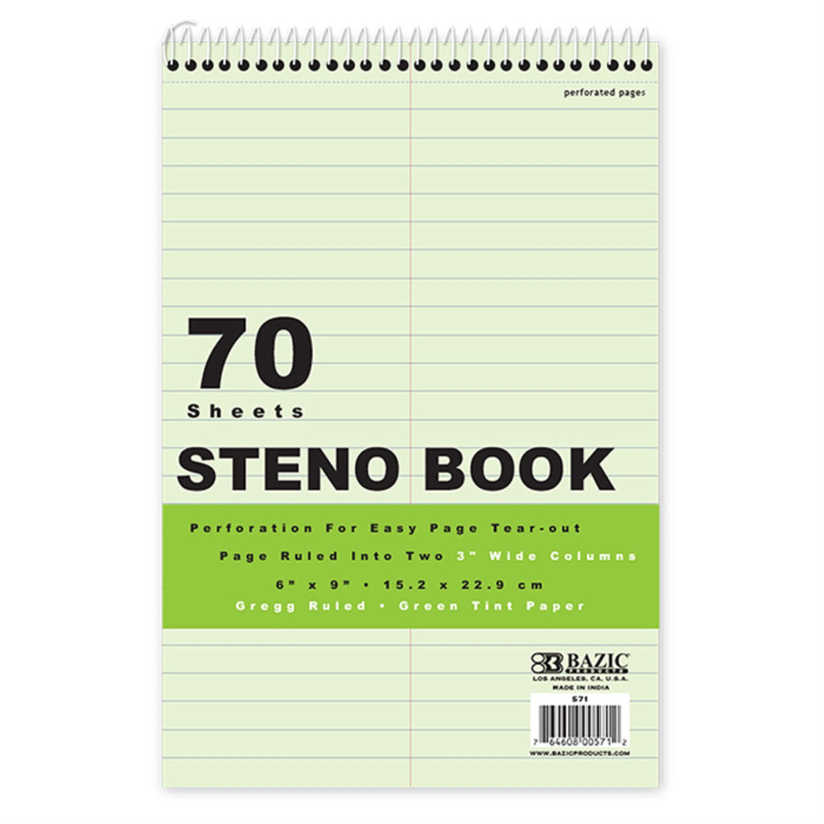 Bazic 70 Ct. 6' X 9' Green Tint Gregg Ruled Steno Book