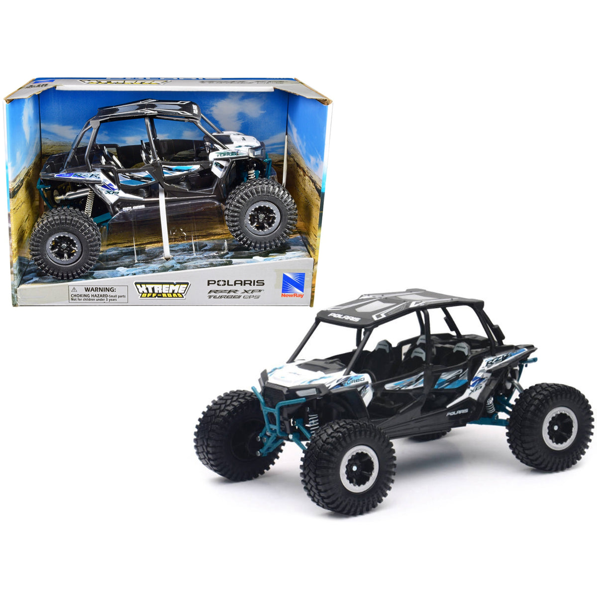 Polaris Rzr Xp 4 Turbo Eps Sport Utv White With Graphics And Black Top 'Xtreme Off-Road' Series 1/18 Diecast Model By New Ray
