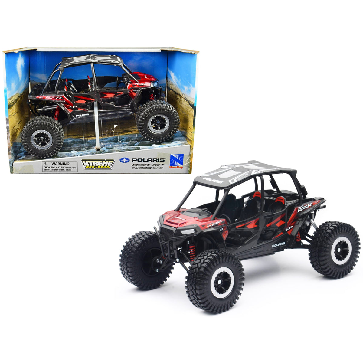 Polaris Rzr Xp 4 Turbo Eps Sport Utv Red Metallic With Graphics And Black Top 'Xtreme Off-Road' Series 1/18 Diecast Model By New Ray