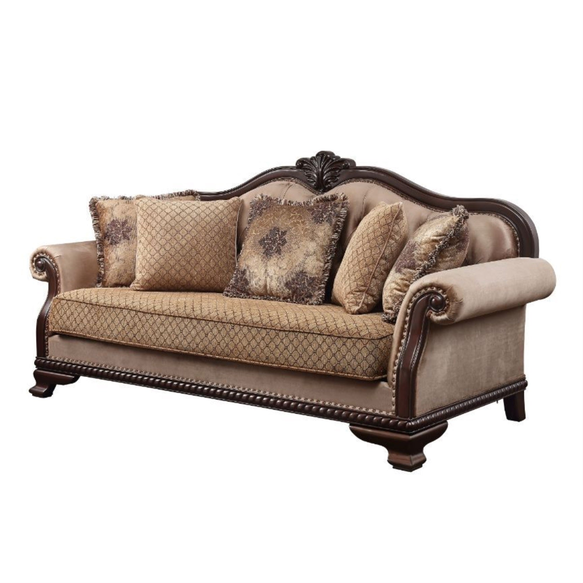 Yardlio Sofa 5 Pillows,Fabric & Espresso Finish-Chateau De Ville Style,Wood Carved Details,Nail-Head Accent,Floral Decorative Pillows,Tufted Upholstered Cushions,Pocket Coil Seat Construction