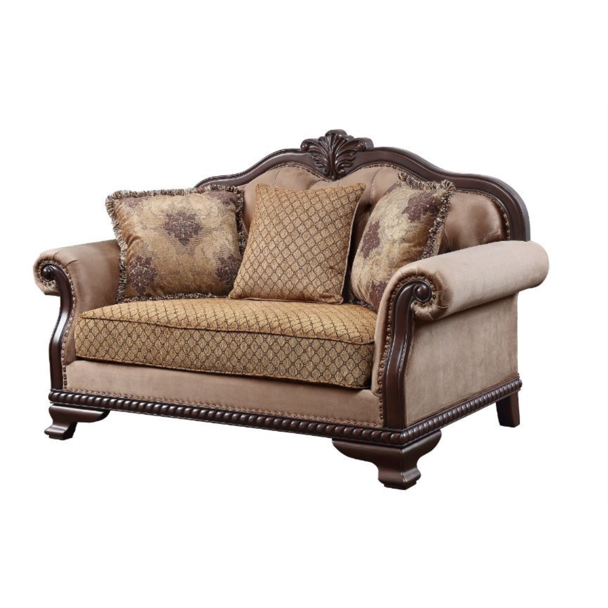 Yardlio Loveseat 3 Pillows,Fabric & Espresso Finish-Cozy Embrace with Wood Carved Details,Nail-Head Accent,Floral Decorative Pillows,Tufted Upholstered Cushions,Pocket Coil Seat Construction,KD Leg