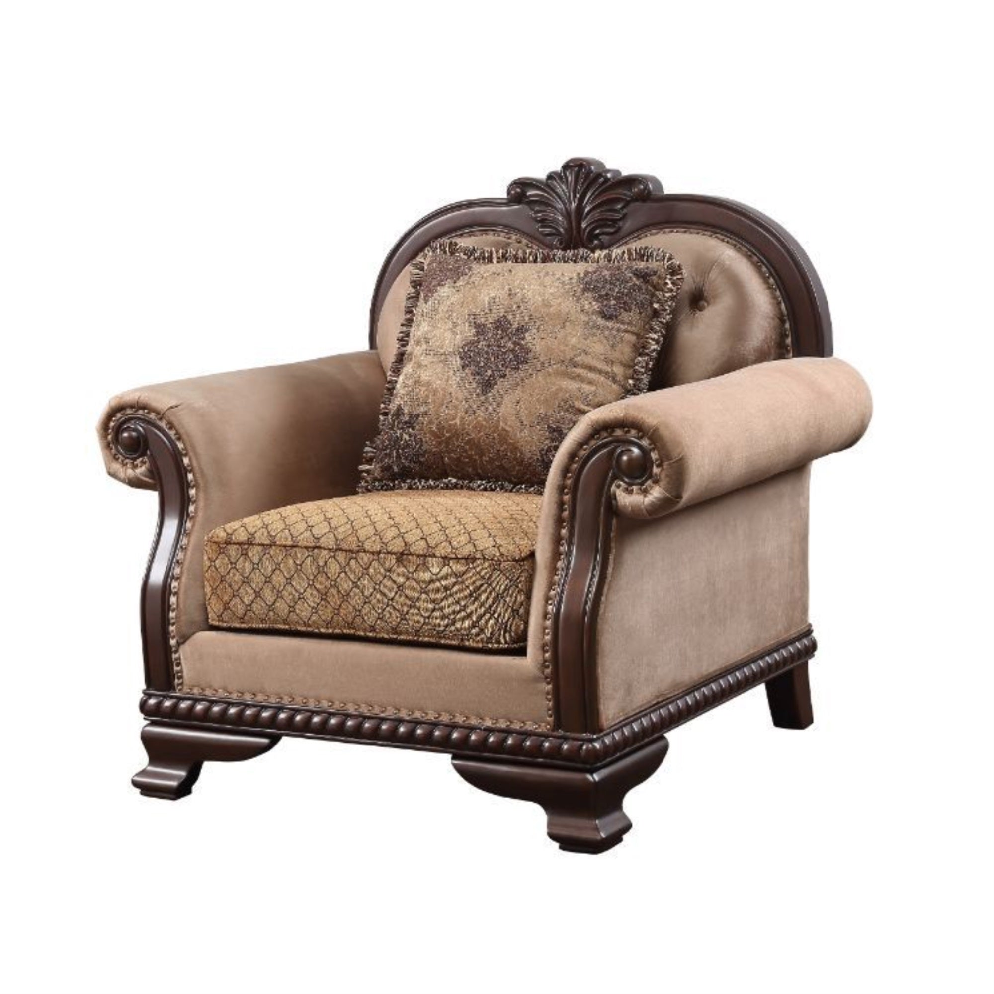 Yardlio Chair w/Pillow, Fabric & Espresso Finish - Cozy & Stylish Seat with Wood Carved Details, Nailhead Trim & Floral Pillows