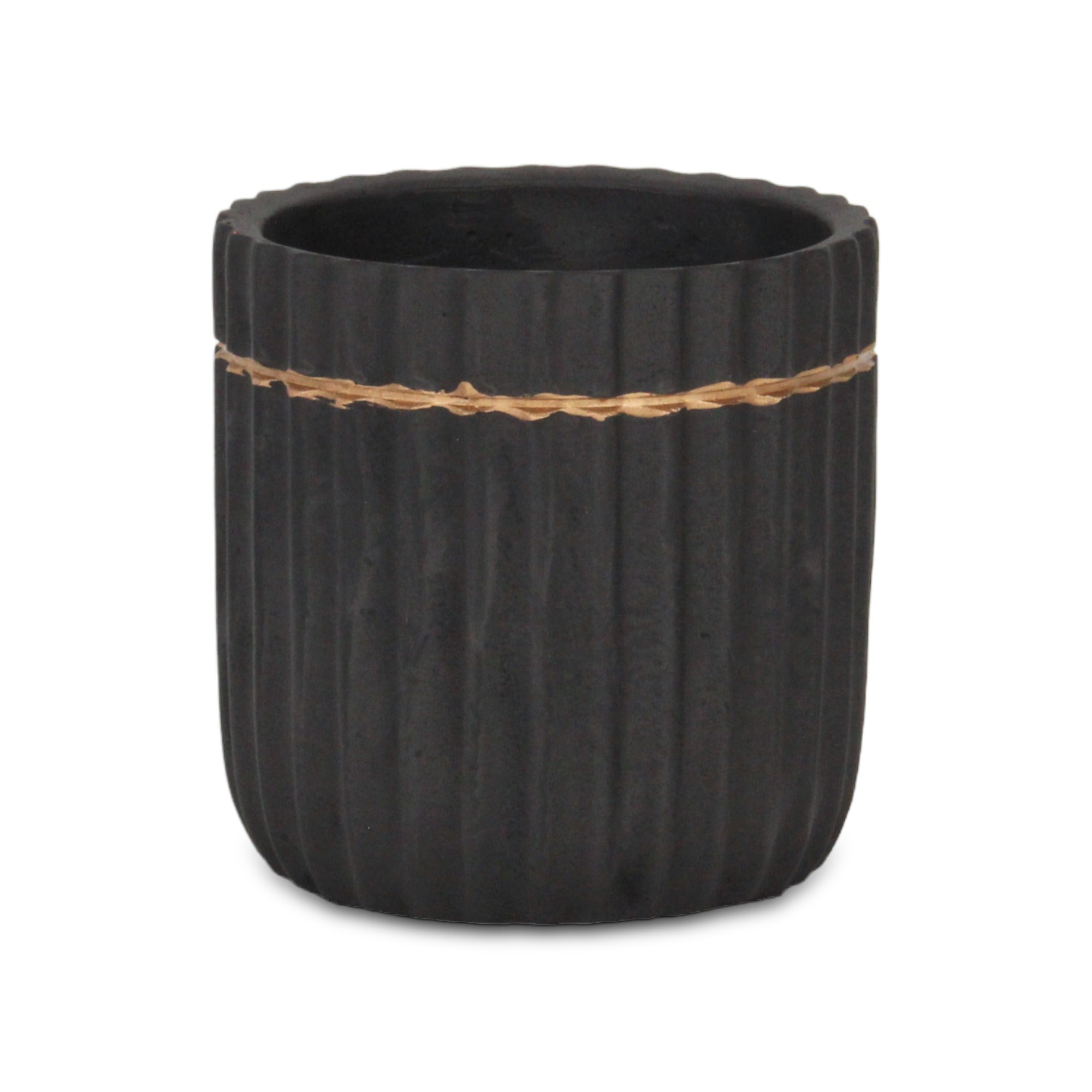 Aurine Round Gold Trimmed Ridged Ceramic Pot - Large - Black
