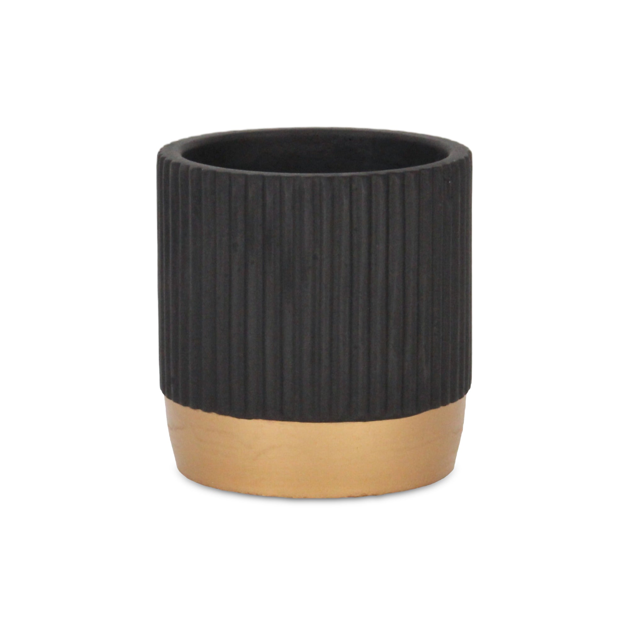 Aurone Round Ridged Ceramic Pot with Gold Finished Base - Small - Black