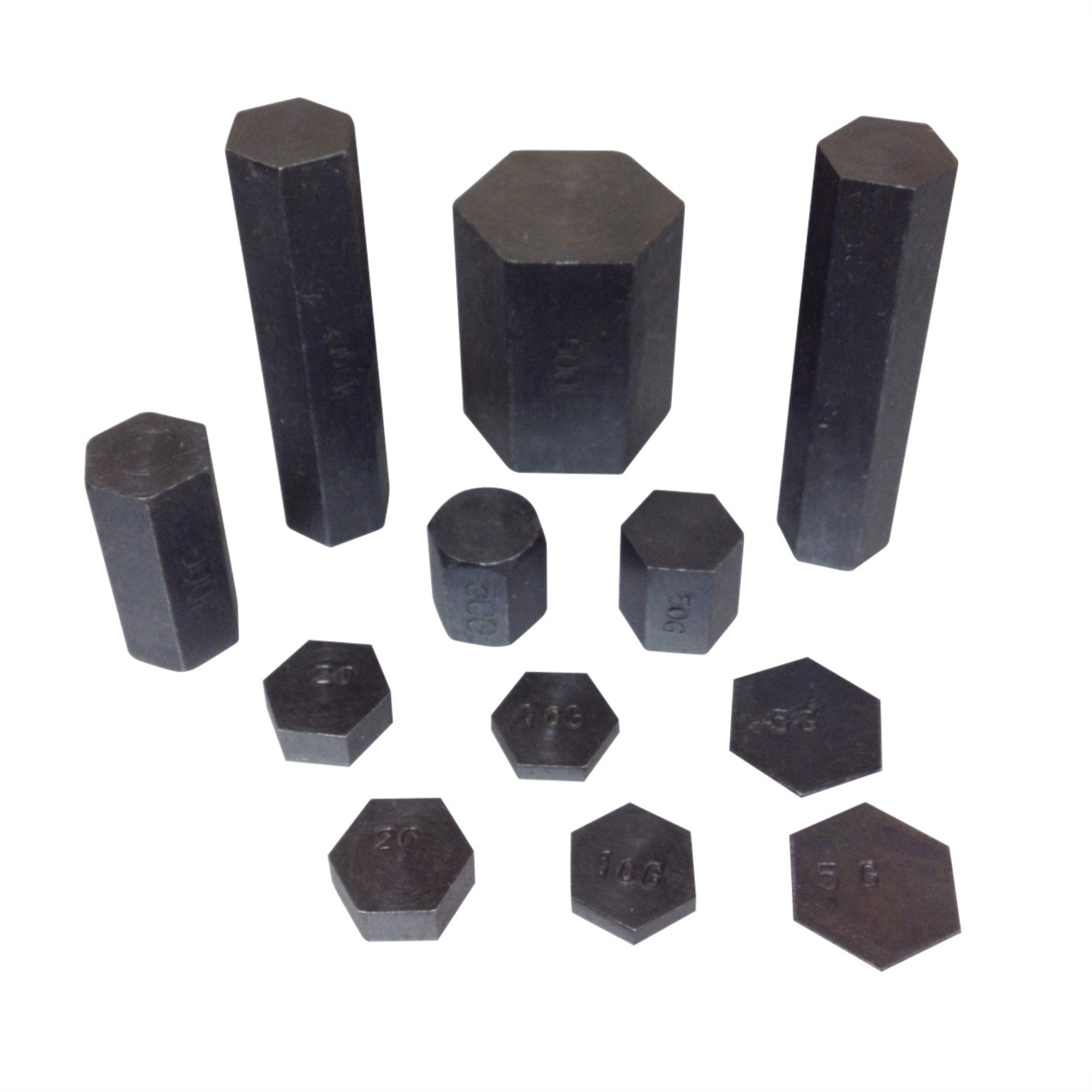 Frey Scientific Hexagonal Metric Masses, 5 To 500 Grams, Steel, Black, Set Of 12