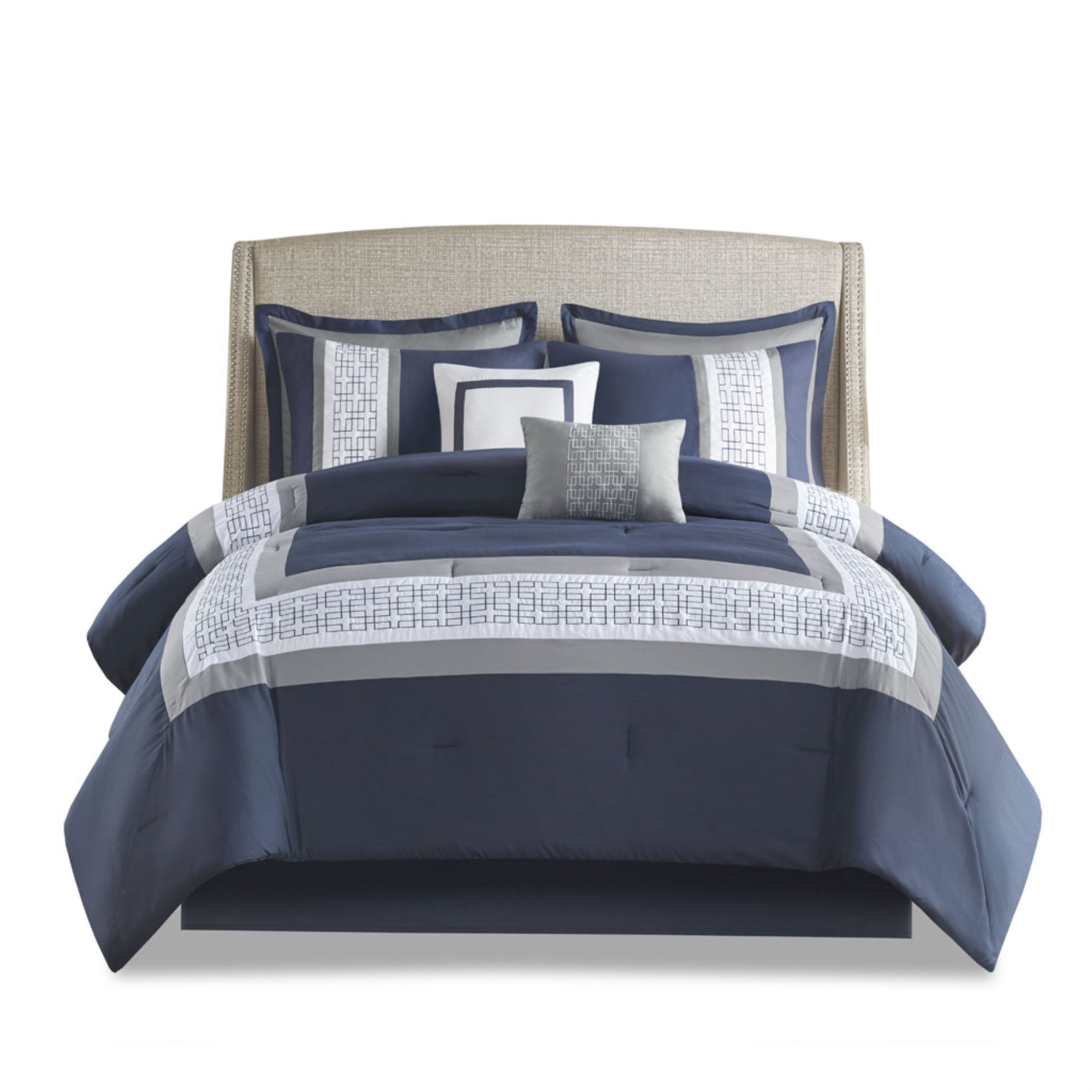 Ergode  8 Piece Embroidered Comforter Set - King Size, Navy, Hotel Style, Embroidered Border, Hypoallergenic, Machine Washable