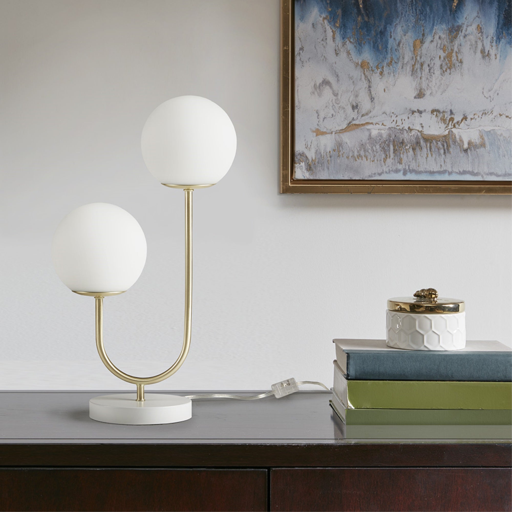 Zusa Metal 2-Light Globe Table Lamp - Gold/White, 50% Iron & 50% Glass Construction, Elegant Design with Painted White Base, Perfect for Home or Office Decor