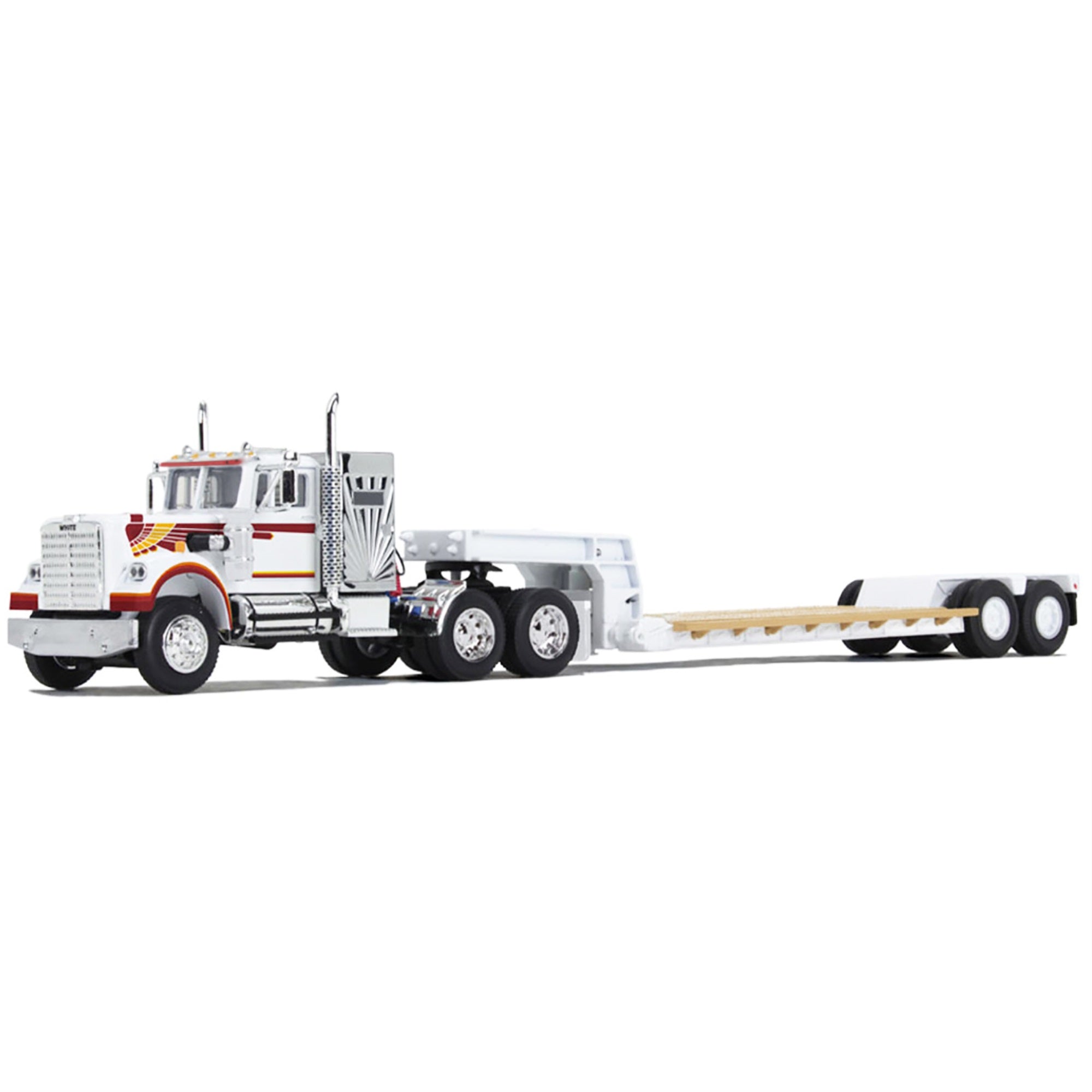 Western Star 4900 With 36' Vintage Flat Top Sleeper And Rogers Vintage Lowboy Trailer White With Graphics 1/64 Diecast Model By Dcp/First Gear