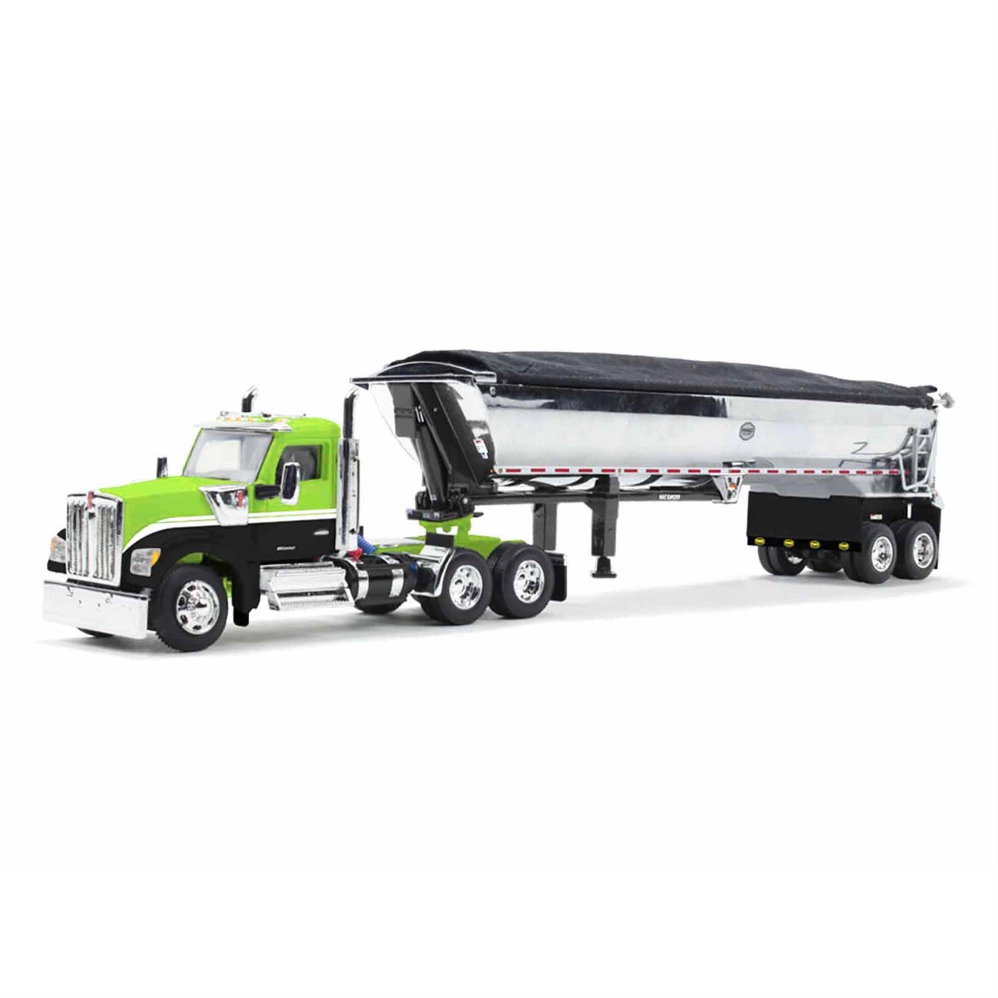 Kenworth W990 Day Cab And Mac Half-Round Tandem-Axle Dump Trailer Lime Green And Black 1/64 Diecast Model By Dcp/First Gear