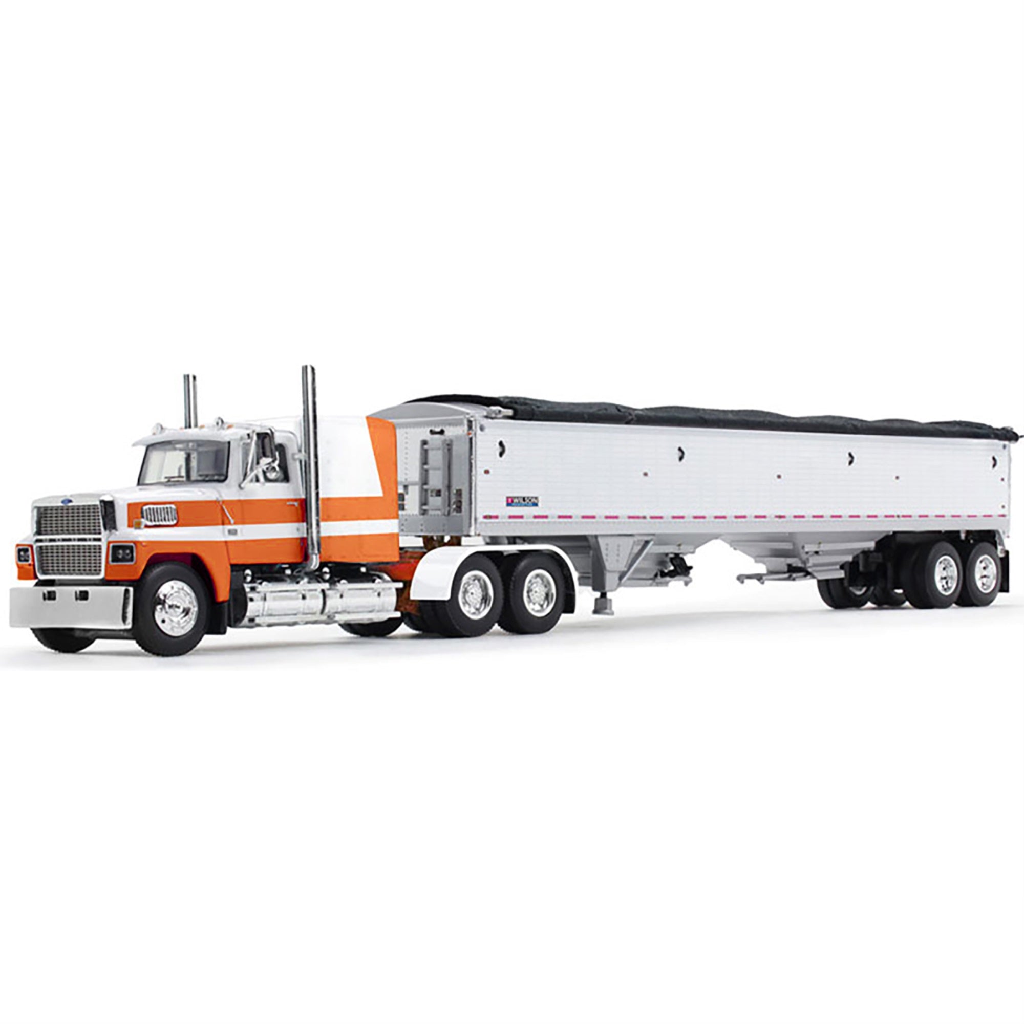 Ford Ltl 9000 60' Aerodyne Sleeper With Wilson Pacesetter Grain Trailer Orange And White 1/64 Diecast Model By Dcp/First Gear