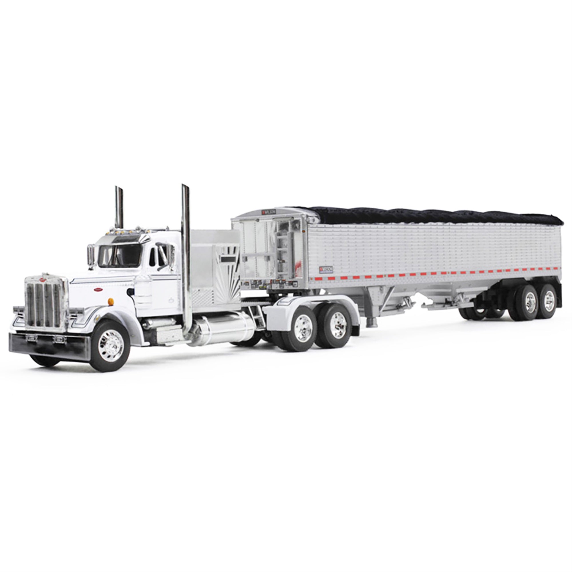 Peterbilt 359 With 60' Vintage Sleeper And 43' Wilson High Side Grain Trailer White And Chrome 1/64 Diecast Model By Dcp/First Gear
