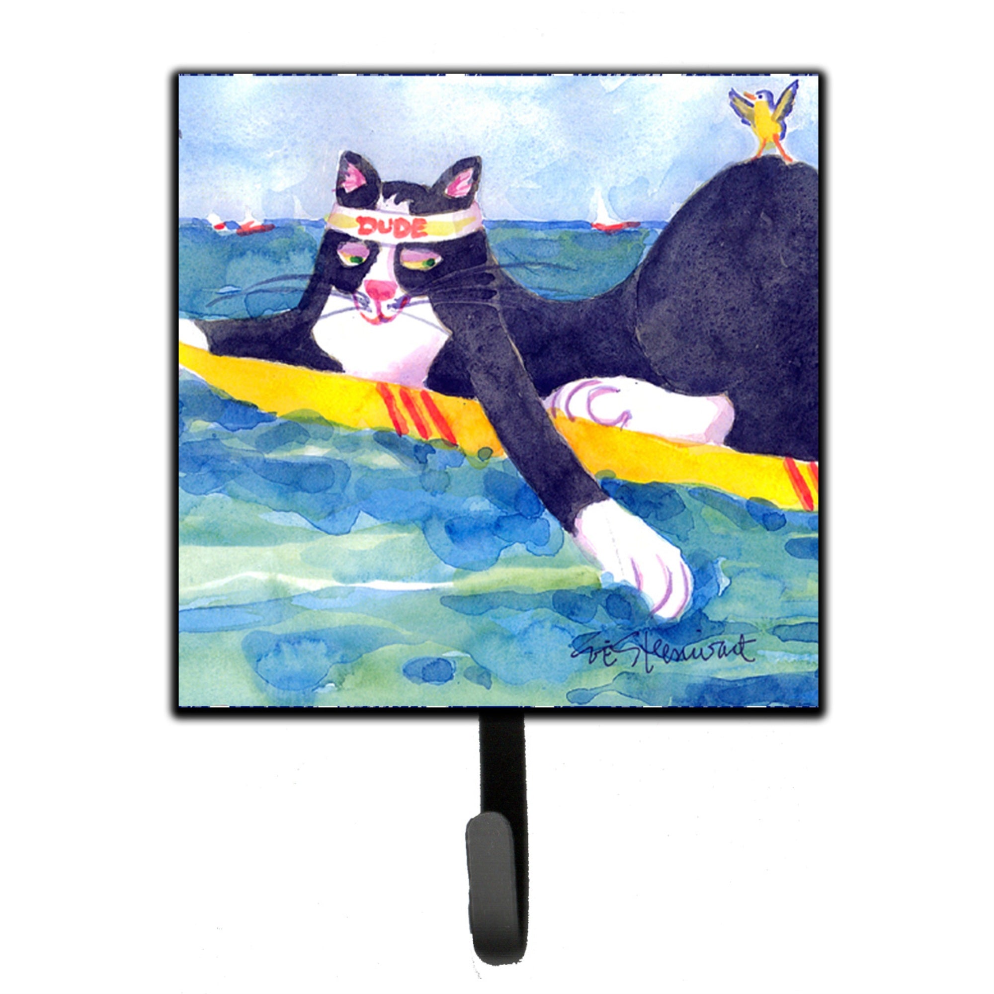 Caroline'S Treasures 6051Sh4 Black And White Cat Surfing Bird Leash Holder Or Key Hook, Small, Multicolor