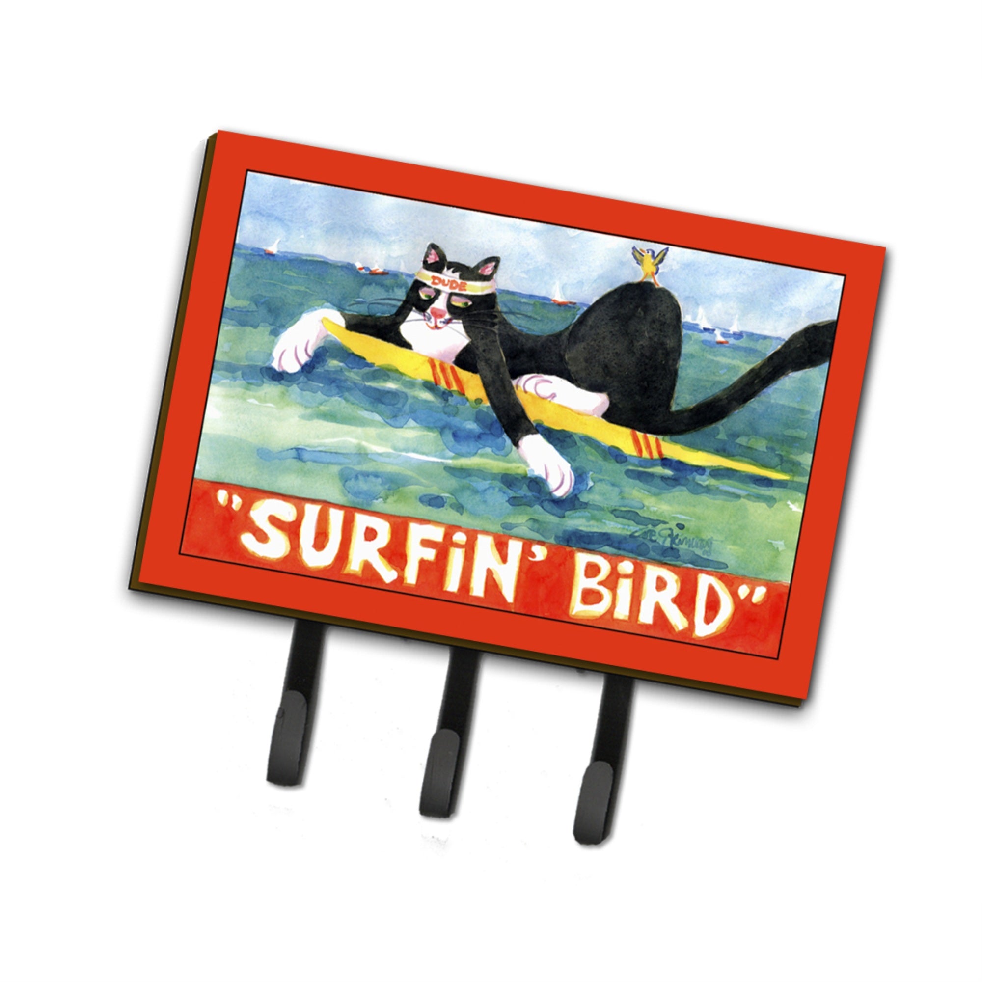 Caroline'S Treasures 6051Th68 Black And White Cat Surfing Bird Leash Holder Or Key Hook, Large, Multicolor