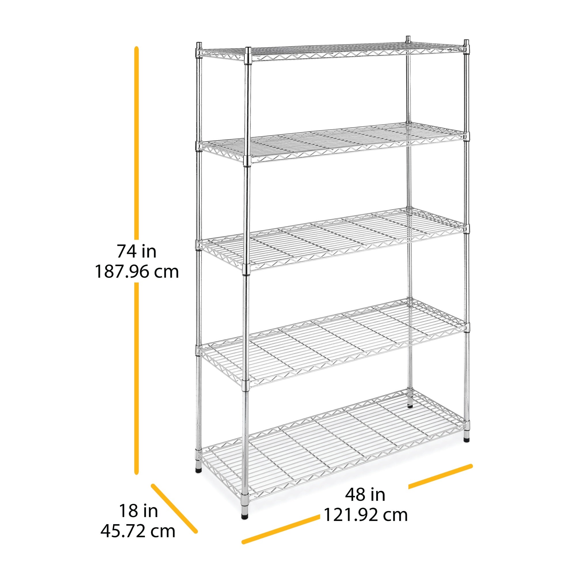 Supreme Large 5-Tier Shelving with 500 LB Weight Capacity per Shelf, 74-In. H x 48-In. W x 18-In. D, Chrome