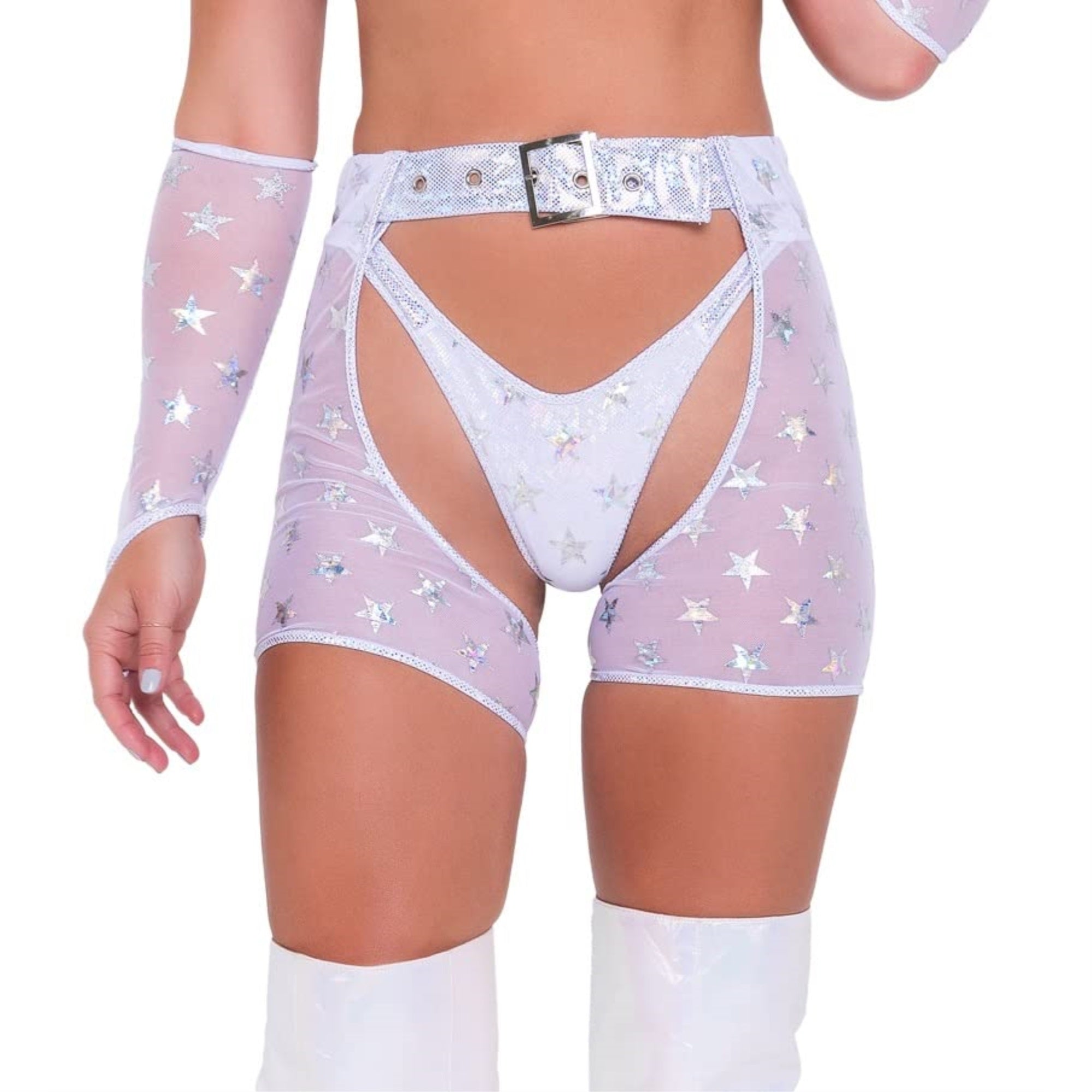 6083 - Mesh with Stars Print Chaps with Belt - Large / Black/Silver