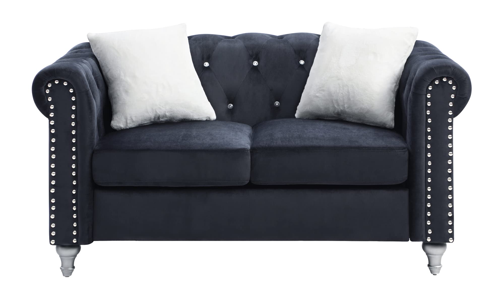 Raisa 60 in. Black Velvet 2-Seater Sofa with 2-Throw Pillow