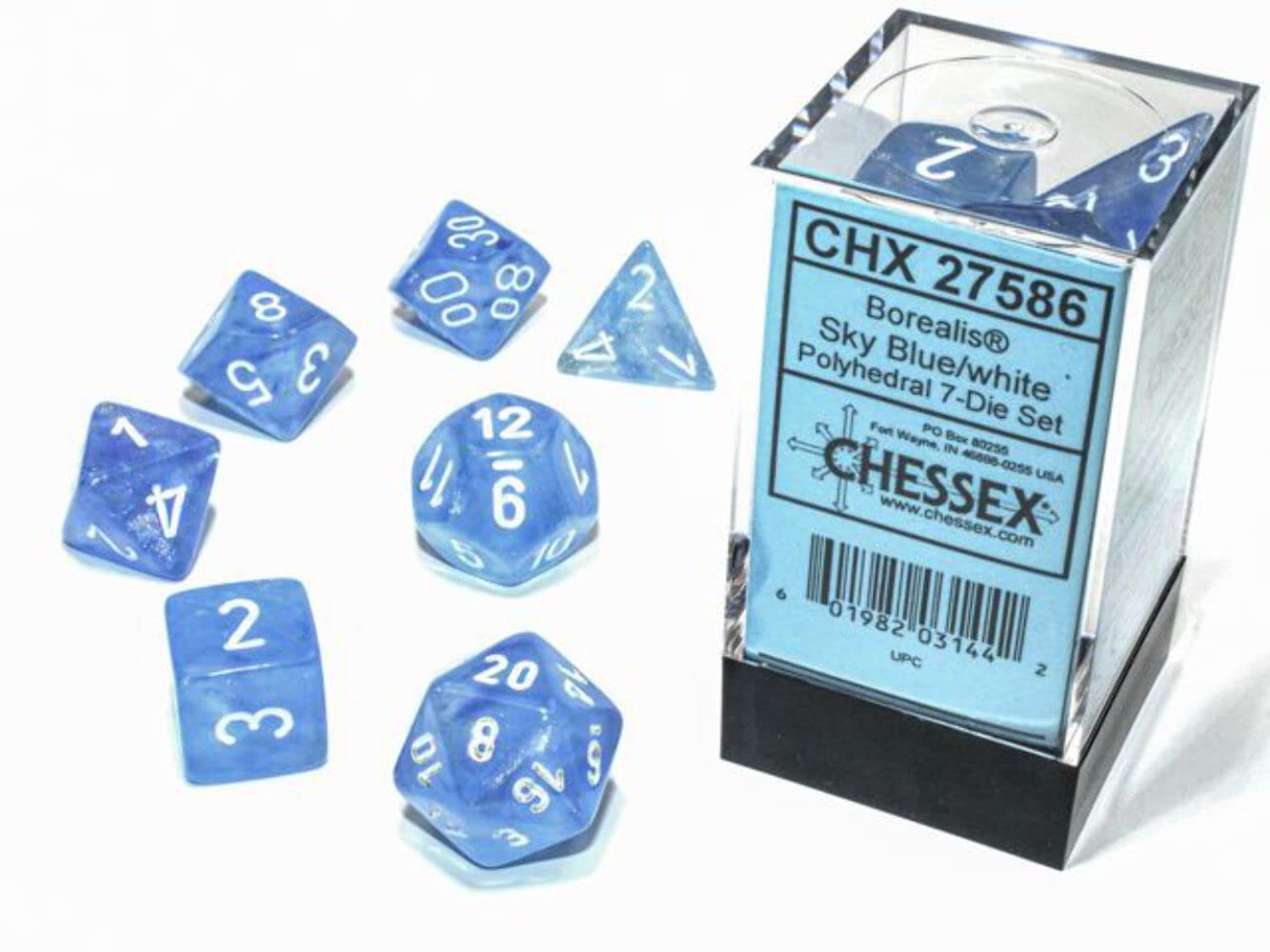 Chessex Polyhedral 7-Die Set - Borealis Sky Blue/White with Luminary 27586 (CHX27586)