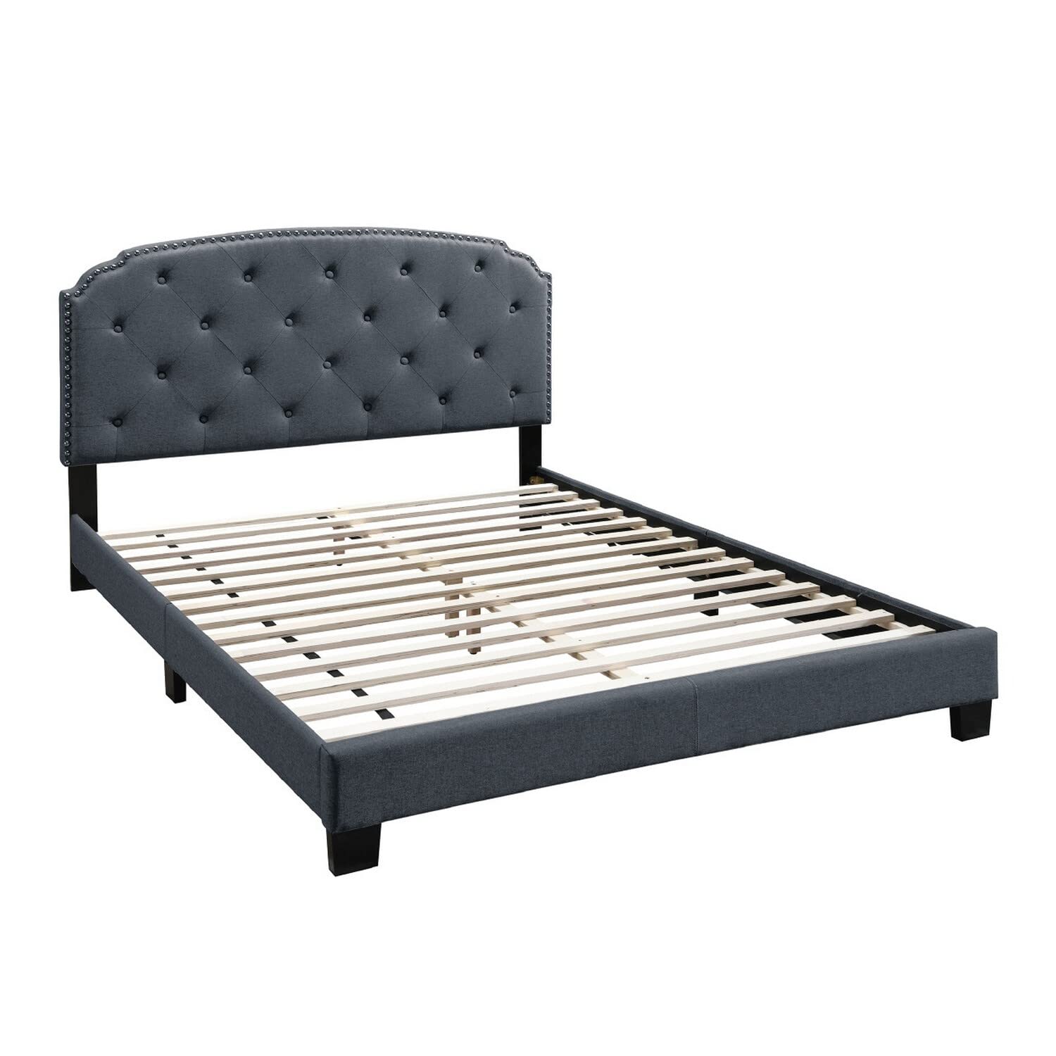 Queen Bed with Button Tufted Scalloped Headboard, Gray