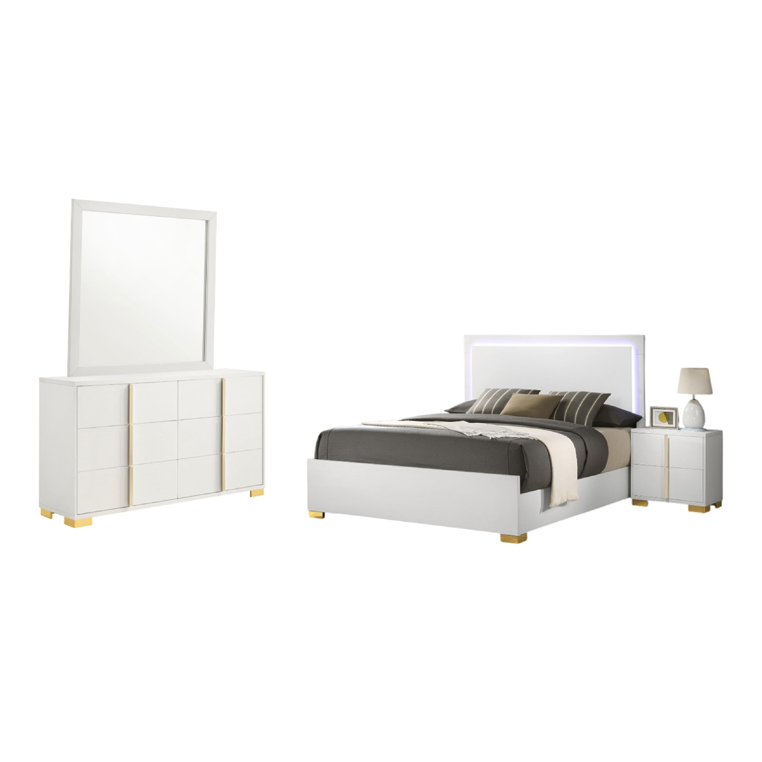Dex 4pc Queen Bedroom Set with Modern LED Headboard, Mirror, White